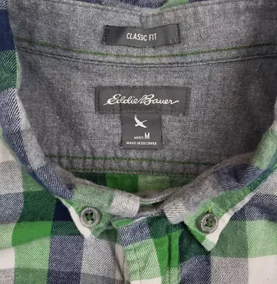 Eddie Bauer Long Sleeve Flannel Shirt Green Blue White Plaid Cotton Men Medium • $12.74