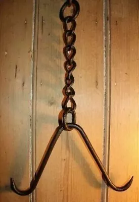 Vintage Hardware Wrought Solid Iron Butchers Hook With Chain Meat Beam Hanging • $57.60