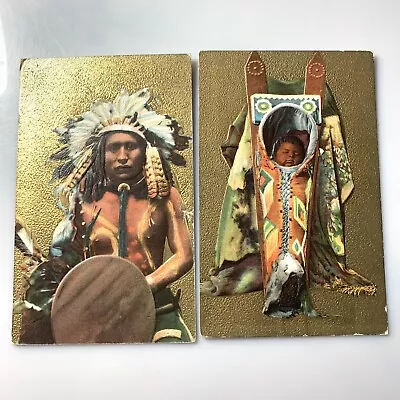 2 Antique Postcards Embossed Gold American Indian Warrior & Baby Papoose • £19.41