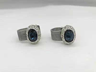 RETRO Silver Tone Mesh Cufflinks With Blue Oval Domed Stones Oval Face Shape • $12.50