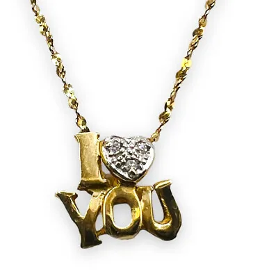  I Love You   .03 CT Diamond Nameplate Heart 14k Yellow Gold Pendant & Chain 16  • $320.63