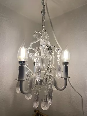 Vtg PETITE SMALL 3 ARMS LIGHTS Hanging WHITE CEILING Chandelier WITH PRISMS MCM • $80