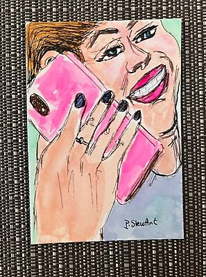 ACEO Pink Iphone Woman Talking Telephone Watercolor Orig Naive Art Penny StewArt • $14.99