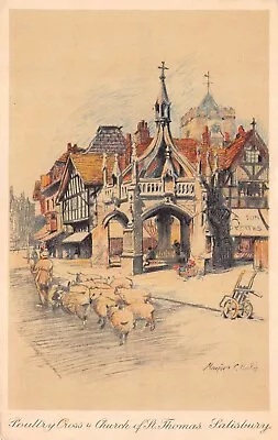 Poultry Cross & Church St Thomas Salisbury Artist Signed Marjorie Bates Postcard • £4.95