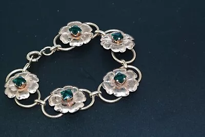 1940s 50s Retro Vtg Green Stone Yellow Gold Filled Flower Bracelet • $27.50