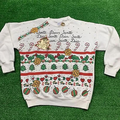 Vintage 80’s Dear Santa Christmas Crewneck Size Small Made All Over Print USA • $26