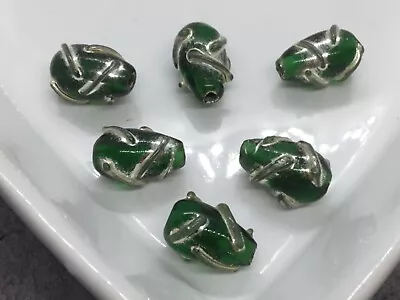 £2.85 • Buy 6 Emerald Green Indian Lampwork Beads With Silver Detail, Teardrop 12mm X10mm