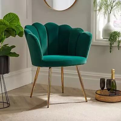 Green Velvet Scallop Shell Chair Wing Back Armchair Occasional Sofa Gold Legs • £99.99