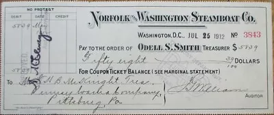 Norfolk & Washington Steamboat Co. 1912 Bank Check - Washington DC • $9.99