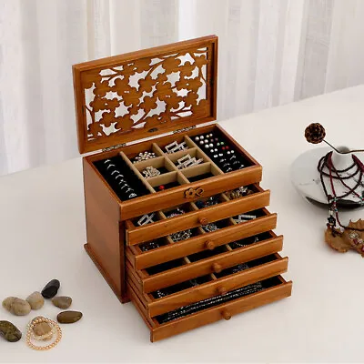 Vintage Wooden Jewellery Box 6 Layer Necklace Rings Bracelet Storage Organizer • £36.94