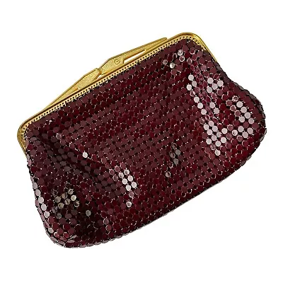 Vintage Glomesh Burgundy Red Chainmail Metal Mesh Clutch Purse Handbag Gold Trim • $74.95