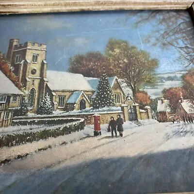 Vintage Foil Art Painting Snow Scene Of A Town With Frame Ready To Hang • $17