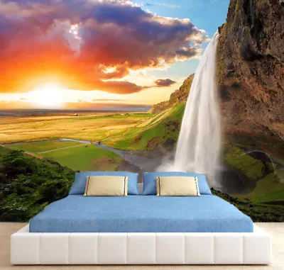 Waterfall Nature Sunset Clouds Sky Photo Wallpaper Wall Mural Home Bedroom Deco • £49.99
