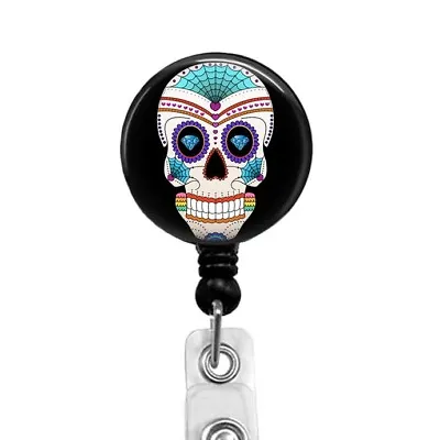 Sugar Skull With Blue Diamond Eyes Badge Reel Retractable Badge ID Holder 391C • $10.95