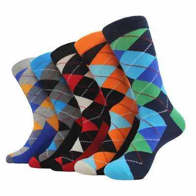 5 Pairs Mens Cotton Socks Lot Colorful Argyle Fashion Casual Long Socks Sox 9-12 • $19.98