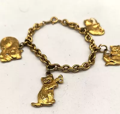 Avon Vintage Cat Bracelet Charm Gold Tone Dangle Rhinestone Signed 1980s  #466 • $25