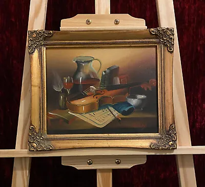 Vintage Oil Painting Depicting 17th Century Desk Violin Quill Still Life Signed • £39.99