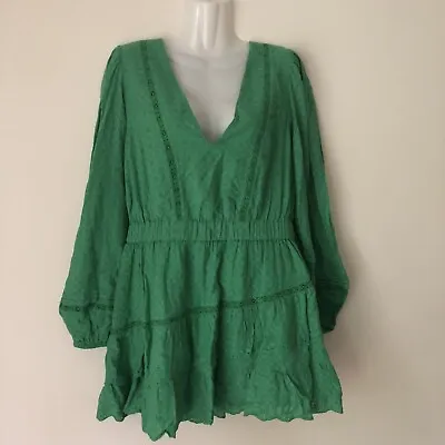 ZARA Green Short Dress Size Large 100% Cotton Broderie Anglaise NEW • $54.95