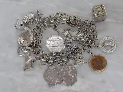 Vintage Sterling Silver Charm Bracelet With 14 Charms ~ 7.5  ~ 61grams ~ 11-E809 • $124.99