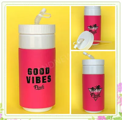 Victorias Secret HOT PINK Retro Good Vibes WATER BOTTLE 32OZ White Straw NEW • $14.95