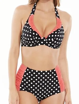 Figleaves Tuscany Bikini Black Size 32FF 10 Halter Neck Top Tummy Control Brief • £29.89