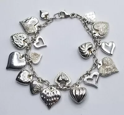 Vintage Jacmel Mauritius JCM Sterling Silver 925 17 Puffy Heart Charm Bracelet • $64.95