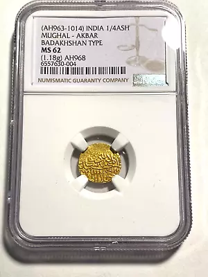 #A7003Mughal Akbar Badakhshan Type NGC Seldom Seen MS62 AH963-1014 Gold • $1350