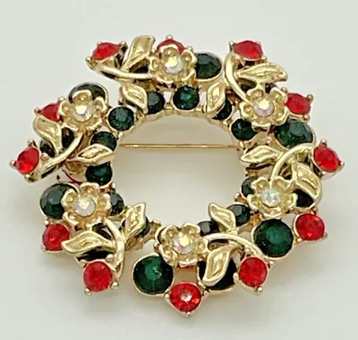 VTG Christmas Wreath Brooch Pin Signed Monet Gold Tone W. Rhinestones Red Green • $22.99