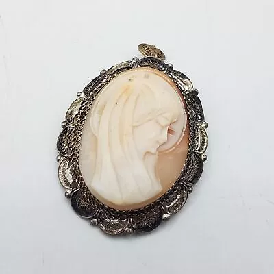 800 Silver Carved Lady Bust Cameo Shell Filigree Pendant Brooch • $9.99