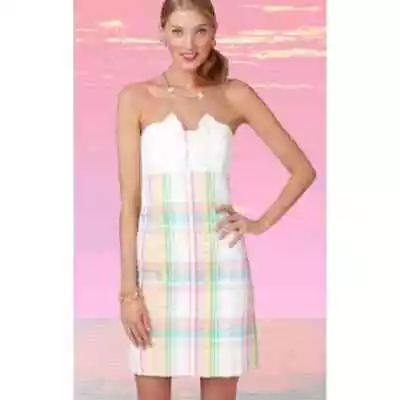 Lilly Pulitzer Madras Plaid White Strapless Bow Back Dress Women's 2 • $49.99