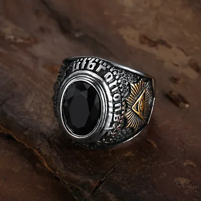 Mens Stainless Steel Gold Masonic Ram Simulated Black Onyx Ring Size 7 8-15 Gift • $7.99