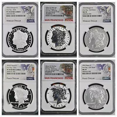 2023 Morgan & Peace Silver Dollars NGC MS70 PF70 PR70 6 Coin Set FIRST DAY  FDI • $625