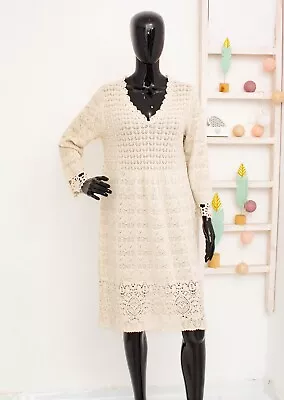 Odd Molly Jumper Dress Beige Crochet Pointelle Cotton Hand Knitted 3 UK16 US12 • £45.99