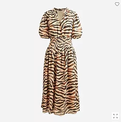 New J Crew Brown Zebra Striped V-neck Bubble Sleeve Smocked Waist Midi Dress L • $59.99