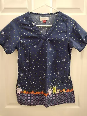 Mary Engelbreit Halloween Scrub Top Women's Size XS Aliens Jack-o-Lanterns • $15.99