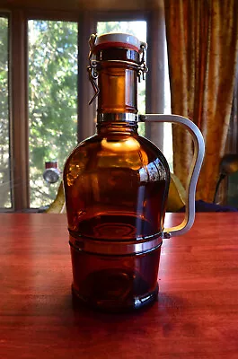 MUSTER GESCHUTZT 2 LITER Brown Glass Aluminum Handled Beer Growler Bottle • $20