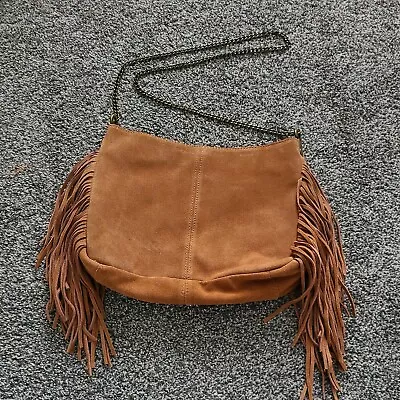 VTG Ecote Womens Leather Suede Camel Color Crossbody Purse Metal Chain Fringe  • $41.99
