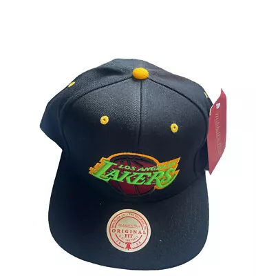 *AUTHENTIC* Mitchell & Ness NBA Los Angeles Lakers Black Neon Snapback Adj Hat • $34