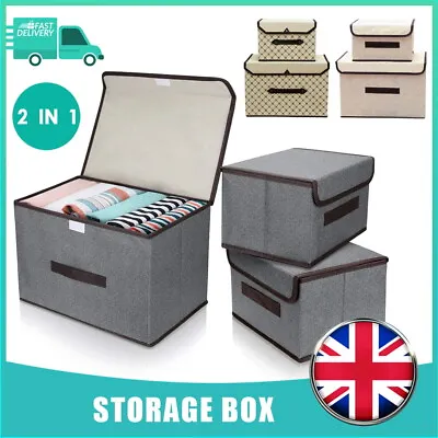 £9.99 • Buy 2pcs Of Set Foldable Canvas Storage Boxes Folding Fabric Clothes Basket With Lid