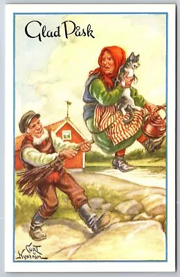 Curt Nystrom Fantasy~Farmer Grabs Broom To Stop Easter Witch~Cat~Kettle~c1910 • $14