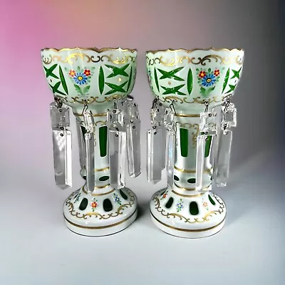 Antique BOHEMIAN Cut To Green Mantle Lusters-PAIR MAGNIFICENT Czech Art Glass • $749.99