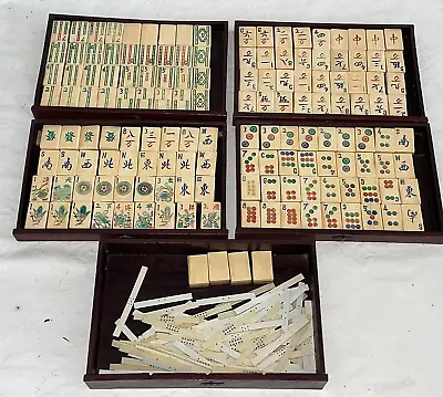 Antique Mah Jong Set 148 Tiles Dovetail Wood Scrimshaw Bos Taurus Bone & Sticks • $295