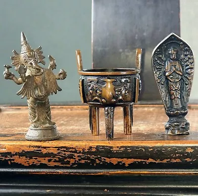 THREE - Antique BRONZE Censer Figure Sculpture INDIAN Japanese Buddhist JOB LOT • £0.99