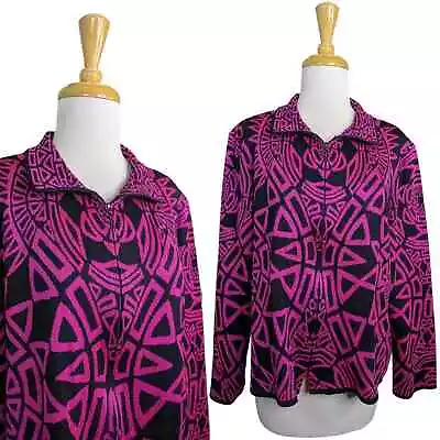 Ming Wang Full Zipper Knit Cardigan Jacket XL Pink Black Geometric Abstract • $47.20