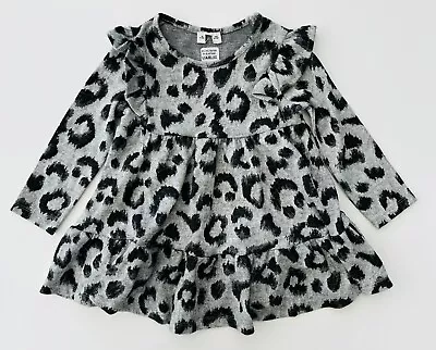 £5.99 • Buy Girls F&F Leopard Jersey Dress Grey Black Animal Print Long Sleeved Tiered Baby