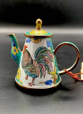 KELVIN CHEN Miniature Teapot 1999 #1108 Enameled Copper Rooster Chicken Florals • $75