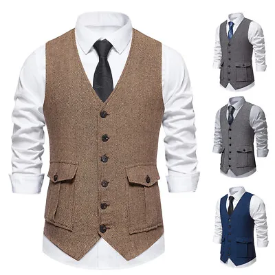 Mens Herringbone Vest Dress Vest Slim Fit Button Down Prom Formal Suit Waistcoat • $28.62