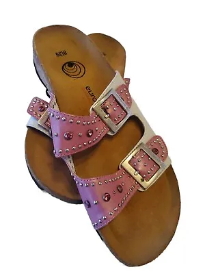 $24.99 • Buy Euro Wellness Balance Leather Sandals W/ Reinstones In  Germanium Pink 