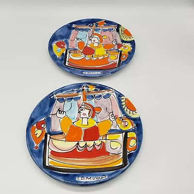 La Musa Pair Italy Pottery Plates People Fish 8   • $39.95