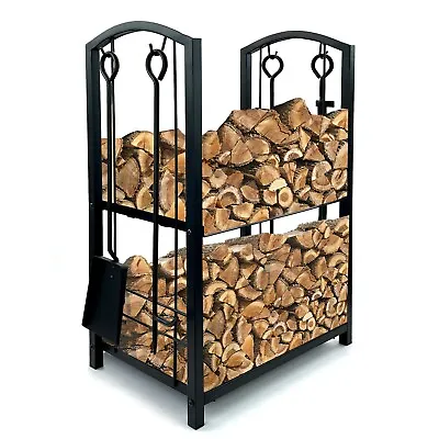 Firewood 2 Tier Rack Log Holder Wood Storage With Hooks 4 Tools Black • £27.85